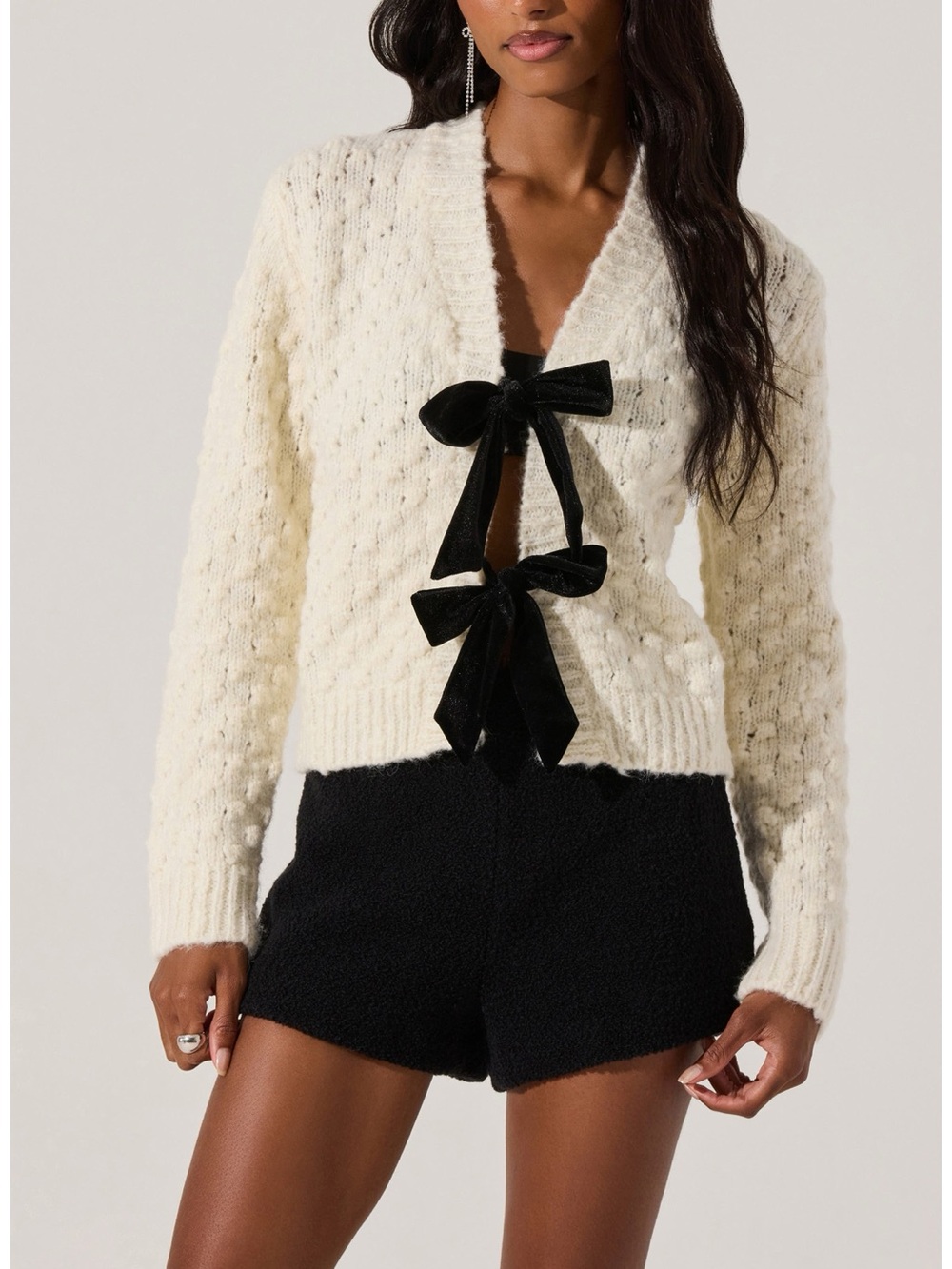 NWT ASTR the Label Velvet Bow Cardigan Wool Blend Cottage Chic Cream bubble L